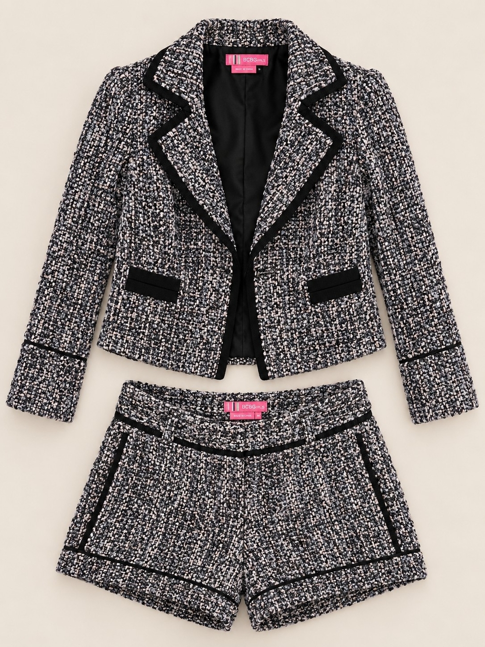 BCBGirls Tweed Blazer & Shorts Two-Piece Suit Set Black White